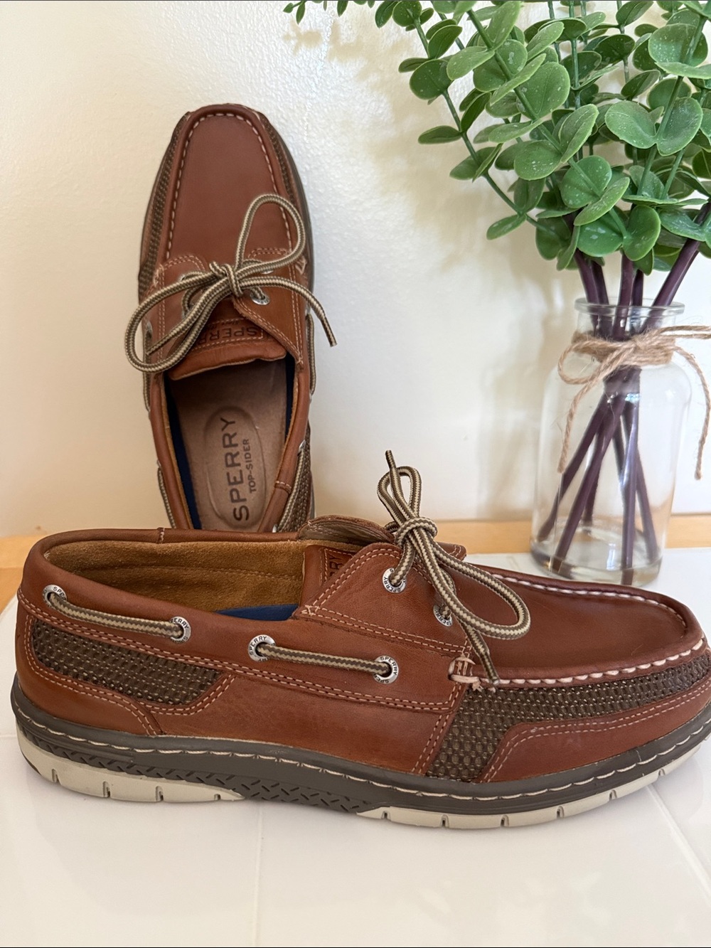 Sperry Men’s Leather Top-Sider Boat Shoes Dark Brown with Gray and Beige